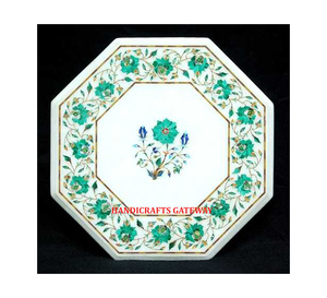 Belle vaisselle faite à la main en marbre blanc de forme octogonale incrustation verte dessus de table à café et à thé en gros indien - Product Image 1