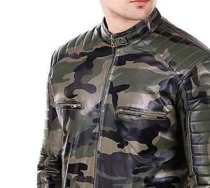 Chaqueta de Cuero con Estampado de Camuflaje 100% Genuina de Alta Gama, Forro de Satén Viscosa Transpirable, Cuello Alto, Cierre de Cremallera para Invierno - Product Image 4