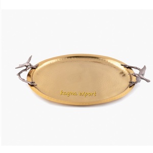 HOT SELLING DECORATIVE POLISHED HAMMERED <b>TRAY</b> <b>GOLD</b> LEAF BRANCH HANDLE CUSTOMIZED HANDMADE LUXURY METAL <b>SERVING</b> PLATTER Oval <b>TRAY</b> - Product Image 3