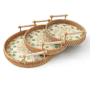 <b>Large</b> mosaic <b>tray</b> eco-friendly woven rattan MOP <b>trays</b> mother of pearl serveware for storage serving - Product Image 2