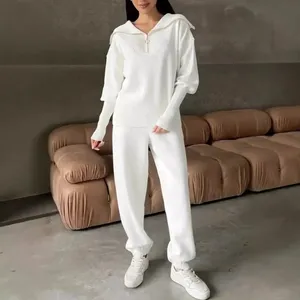 Trajes de dos piezas, conjunto de trajes cálidos de Color sólido, conjuntos de ropa de otoño e invierno para mujer, sudadera con cremallera y cuello levantado, Pantalones - Product Image 6