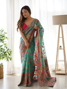 Elegante Saree Tradicional de Lino y Georgette con Estampado Serigrafiado, Suave, Duradero, Sin Arrugas, PINKWEAVE, para Todas las Temporadas, Fiestas y Bodas - Product Image 3