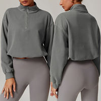 Sweat-shirt court marron pour femme, demi-zip, manches longues, coupe oversize, en polaire, décontracté, Trackstar, OEM, marque privée