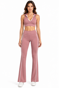 Conjunto de Yoga de Dos Piezas: Top Corto Halter y Pantalones Acampanados de Cintura Alta con Franja Lateral, Cintura Elástica, Transpirable, Sin Costuras, de Secado Rápido - Product Image 3