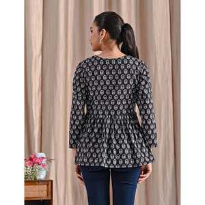 <b>Black</b> Jaipuri Block Printed Cotton Peplum <b>Top</b> Ladies' Long Floral Embroidered Office <b>Tops</b> Asymmetrical Collar Lace Decoration XL - Product Image 6