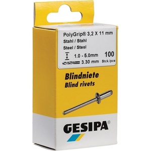 GESIPA Kit de 100 rivets aveugles PolyGrip avec tige de rivet en acier de 4 x 10 mm pour travaux métalliques - Product Image 1