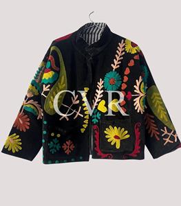Hand Embroidered Floral Velvet <b>Coat</b> Mandarin Collar Full Sleeve Plus Size Women's Autumn Bohemian Casual Outerwear - Product Image 1
