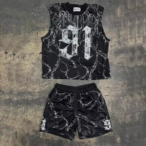 Conjunto de Pantalones Cortos y Camiseta con Pedrería Personalizada para Hombre, Pantalones Cortos de Algodón con Pedrería, Conjuntos Deportivos con Lavado Ácido y Pedrería - Product Image 5