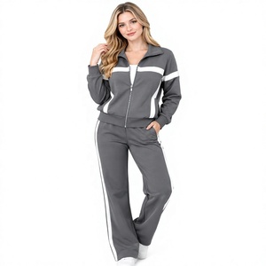 Women Gray Hooded Two Piece Tracksuit Full Sleeve Zipper Front Solid Color Casual <b>Jogging</b> Suit Side Pockets Elastic Waist Winter - Product Image 1