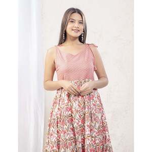 Vestido Boho de Algodón Estampado Jaal Blanco y Rosa con Tirantes, Talla XS, Natural, Transpirable, Sostenible, Casual, Largo hasta el Suelo - Product Image 1