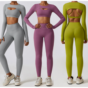 Nuevos conjuntos de Yoga de secado rápido de primavera para mujer, mallas de sujetador de manga larga, 3 piezas, entrenamiento de seda helada, deportes, Yoga informal, conjuntos de tres piezas para mujer - Product Image 2