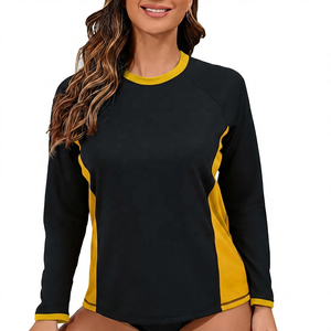 Women's Black <b>Red</b> Color Blocked <b>Long</b> <b>Sleeve</b> Rash Guard Anti Uv Swim <b>Top</b> - Product Image 5