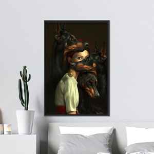 Toile imprimée avec portrait mystérieux d'un Doberman féminin, encadrée en noir - Product Image 1