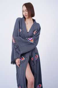 Floor-Length Long Sleeve Boho Beachwear Kimono Solid Evil Eye Inspired Handmade Ethnic <b>Festival</b> Robe Embroidered Patterns Sexy - Product Image 2