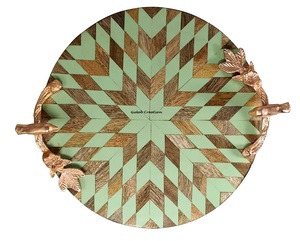 Modern Design Wooden Round Tray with Gold Metal Handles Solid Wood Patchwork Serving Tray for Home & Kitchen Gifting - Product Image 3
