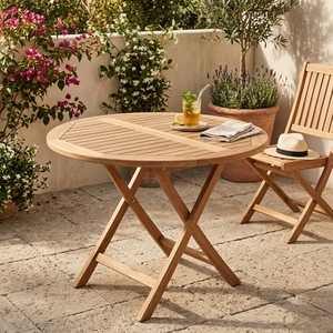 Outdoor Teak Wood Round <b>Bistro</b> Set X Leg <b>Table</b> Armchairs Solid Wooden Patio Garden Dining Furniture Setup Art Design Decor - Product Image 3