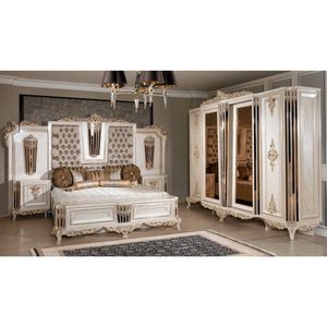 Ensemble de chambre à coucher antique français en bois massif sculpté, lit double rembourré, armoire, mobilier de chambre principale de villa - Product Image 1