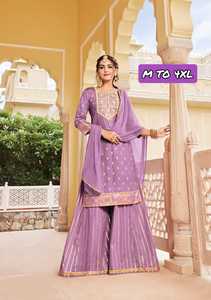 Meilleure qualité nouveau Design moderne 2023 Chanderi imprimé et broderie travail Kurti Sharara avec dupata au prix de gros - Product Image 6