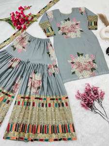 Nuevo diseño Venta caliente Pure Chinon Silk Hermoso bordado e impresión digital Top con Palazzo y Dupatta Set Listo para usar - Product Image 4