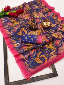 Magnifique Saree Ikat en Soie à Imprimé Numérique Gris Argenté, Idéal pour les Mariages et les Soirées Formelles - Product Image 6