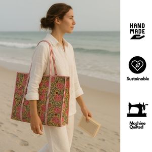 Sac fourre-tout en coton organique de qualité supérieure matelassé fermeture éclair imprimé à la main grande taille à la mode élégant Shopper sac de voyage pour l'été printemps - Product Image 5