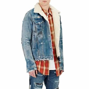 High Quality Distressed Acid Washing Effect <b>Men's</b> Fleece <b>Denim</b> <b>Jacket</b> - Product Image 3
