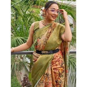 Sari de Organza con Estampado Floral Verde para Mujer, Conjunto Atractivo para Festivales - Product Image 1