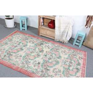 Vintage Rug, Area 5.8x6.7 ft Turkish Rug, <b>Red</b> Green Floral <b>Wool</b> Rug - Product Image 4