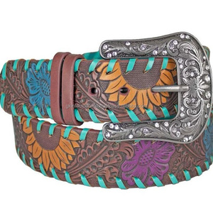 Cinturón de herramientas de cuero occidental con patrón floral multicolor personalizado para unisex con hebilla floral antigua de diseñador - Product Image 4