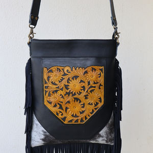 Main de qualité supérieure femmes cheveux naturels sur sac en cuir de vachette sculpture à la main franges en cuir détachable outillage piège - Product Image 1