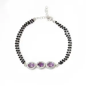 Bracelet en argent 925 avec perle d'améthyste, style ethnique, tendance, diamant, perle, pierre principale, pour mariage, anniversaire, cadeau pour femme - Product Image 1