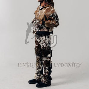 Sweat à capuche unisexe en cuir de vachette à double fermeture éclair, marron et blanc, séchage rapide, respirant, coupe-vent - Product Image 5