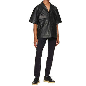 Camisas negras de cuero Pu para hombre, forro de manga corta, bolsillos con solapa en el pecho, camisas personalizadas para hombre - Product Image 5