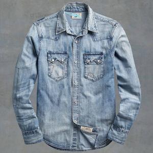 เสื้อเชิ้ตผ้าฝ้ายผ้ายีนส์กระดุมแถวเดียวแขนยาวกันรอยยับสำหรับผู้ชายฤดูใบไม้ร่วงฤดูหนาว - Product Image 1