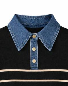 Manufacturer Custom Black Striped <b>Knit</b> Sweater With Blue Denim Collar <b>Women</b> Casual Winter Pullover Long Sleeve Warm Fashion <b>Top</b> - Product Image 4