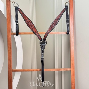 หนังวัวมีมือปกอกแบบตะวันตกสีแดงลายดอกไม้สลักรูปม้าสำหรับแข่งโรดีโอแรนช์ - Product Image 1