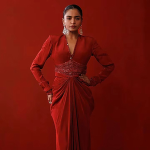 ชุดเดรสปักแขนยาวทรงเอไลน์ยาวถึงพื้นพร้อมลูกปัดสำหรับงานปาร์ตี้ในโอกาสพิเศษ - Product Image 1