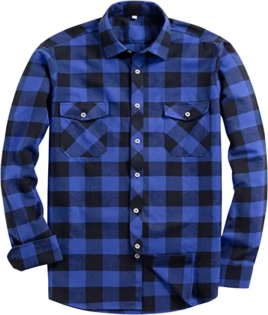 2023 Trending Ademende Winter Heren Lange Mouwen Blauwe Katoenen Flanellen Shirts Borduurlogo Denk Ruit Flanellen Overhemden