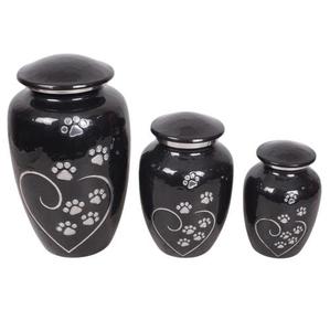 Ensemble d'urnes funéraires pour animaux de compagnie en métal noir pour les cendres, urnes de crémation avec motif de cœur et d'empreintes de pattes - Product Image 1
