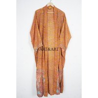 Kimono Japonés Vintage Amarillo Hecho a Mano 100% Seda para Mujer, Estilo Bohemio, Largo, Elegante, Suave, Transpirable y de Secado Rápido