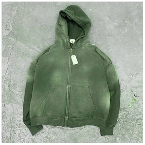 La mejor Sudadera con capucha de lavado ácido 400 Gsm Terry sudaderas con capucha de gran tamaño Unisex bordado recortado Zip up Sudadera con capucha de lavado ácido - Product Image 4