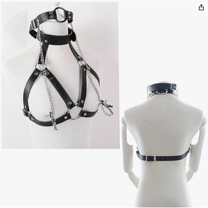 Ensemble de jeu de rôle sensuel en cuir noir : collier de cou, pinces à tétons, corset et bustier - Product Image 5