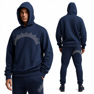 Ensemble de survêtement de luxe bleu marine en coton épais avec strass, sweat à capuche et pantalon de jogging, collection mode cristal - Product Image 4