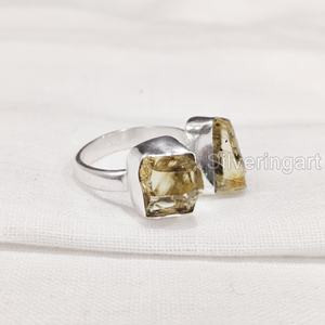 Joyería de piedra en bruto Anillo de mujer Piedra preciosa de citrino en bruto natural Piedra natal de Noviembre Joyería de piedra doble Anillo de plata esterlina 925 - Product Image 4