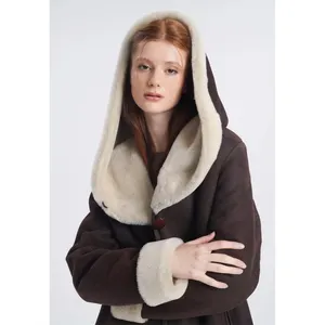 Fornecedor a granel casaco de couro longo para mulheres de pele de carneiro australiano Cocoa Delight Shearling