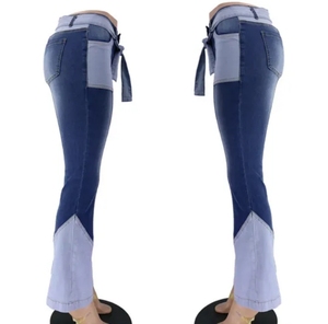 กางเกงยีนส์เอวสูงสำหรับผู้หญิง, กางเกงยีนส์เอวสูงแบบปะต่อทรงบานมีสไตล์สำหรับผู้ชายดีไซน์ไม่ซ้ำใคร - Product Image 2