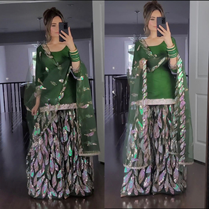 Traje de diseñador étnico paquistaní indio moderno de alta calidad tela Georgette de imitación pesada Sharara Palazzo Dupatta ocasiones especiales - Product Image 6