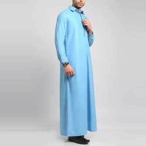 Jubba pour hommes arabe Thobe caftan fait à la main Thobe longue robe marine avec broderie blanche délicate - Product Image 3