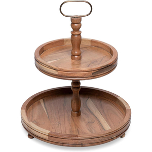Bandeja de Madera de Acacia de 2 Niveles para Servir Pasteles, Soporte con Asa Dorada, Exhibición de Postres, Decoración de Mesa de Restaurante, Soporte para Pastel de Bodas - Product Image 4