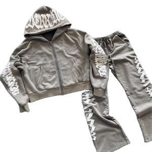 2026 Custom Rhinestone Streetwear Tracksuit Men's Acid Wash Zip up <b>Distressed</b> Vintage Flared Sweatpants and Hoodie Set - Product Image 1